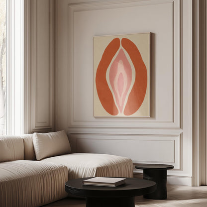 Rust orange arcs curving around a nested blush pink core on sand, canvas print hanging in a calm, modern living space