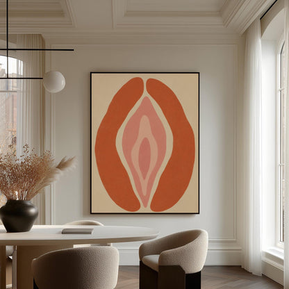 Rust orange arcs curving around a nested blush pink core on sand, canvas print on a quiet wall in a considered interior