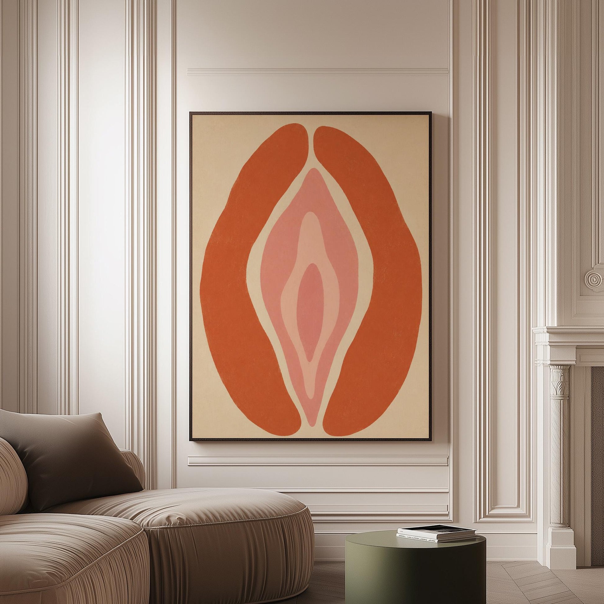 Rust orange arcs curving around a nested blush pink core on sand, canvas print on a softly lit wall in a calm interior