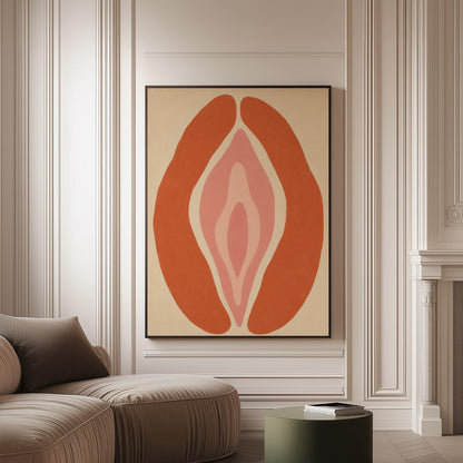 Rust orange arcs curving around a nested blush pink core on sand, canvas print on a softly lit wall in a calm interior