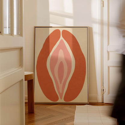 Rust orange arcs curving around a nested blush pink core on sand, canvas wall art presented in a light, minimal room