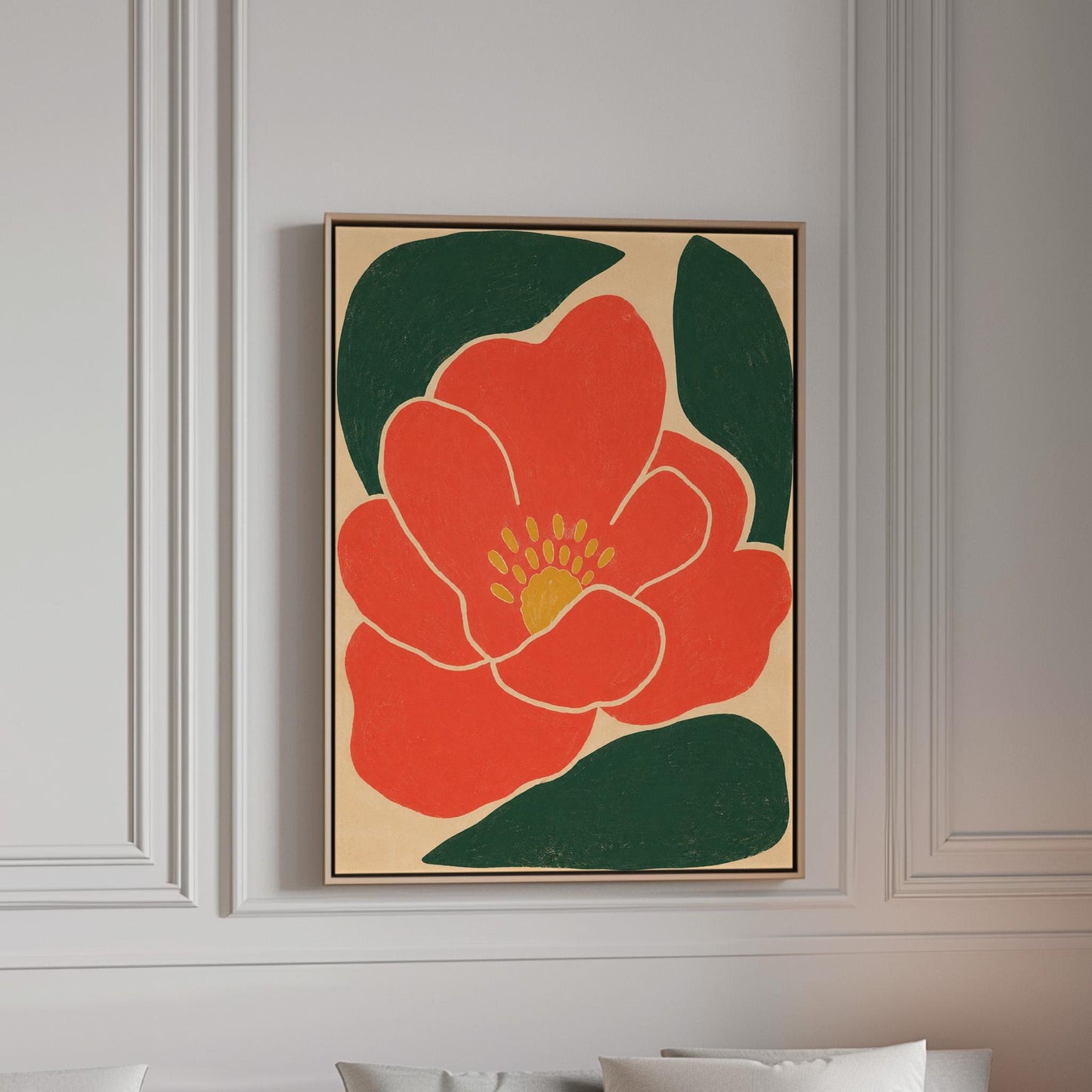 Scarlet flower with gold stamens over deep green leaves on sand, canvas print in a bright room with natural daylight