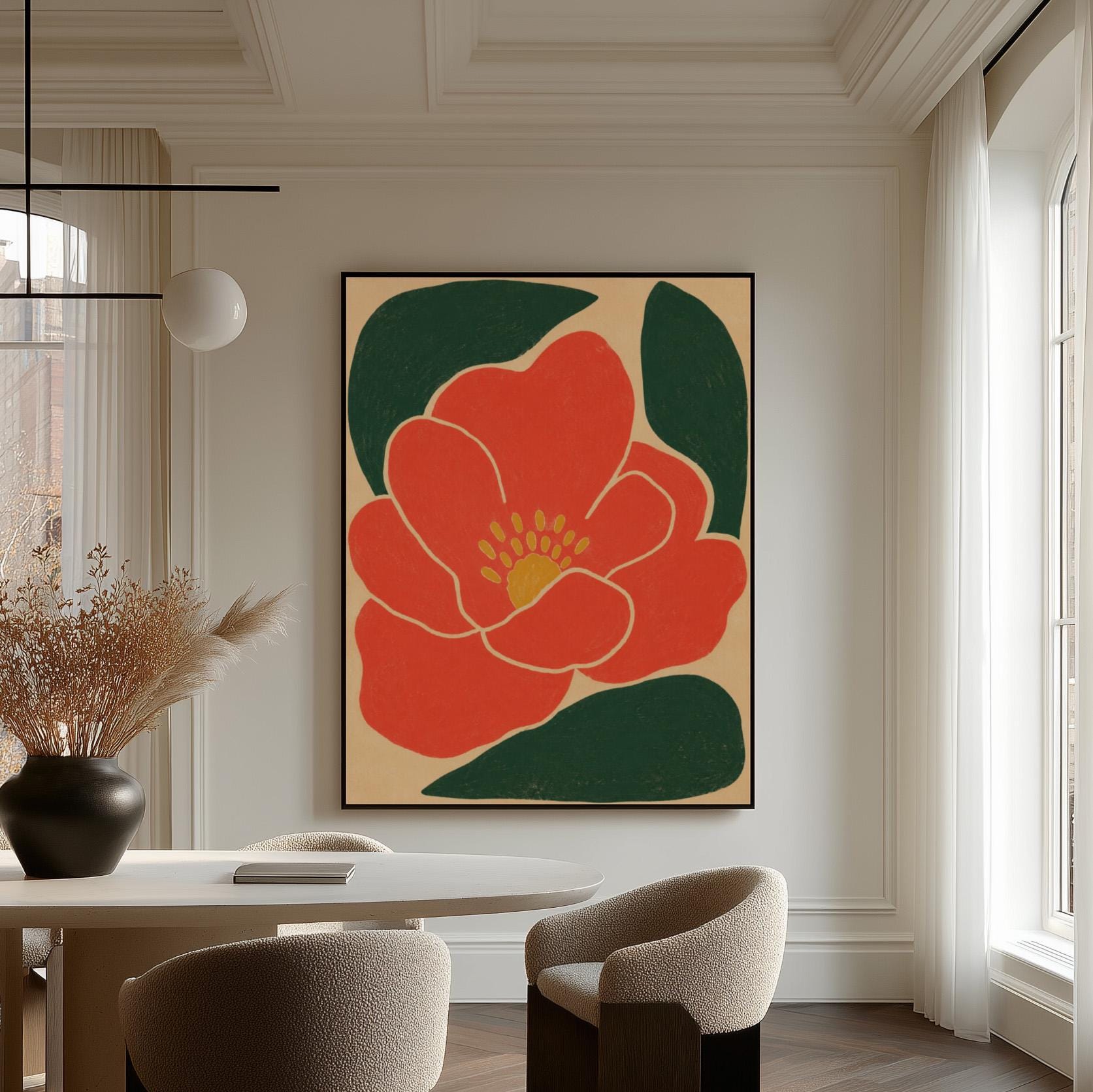 Scarlet flower with gold stamens over deep green leaves on sand, canvas print displayed on a neutral wall in a styled interior