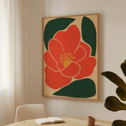 Scarlet flower with gold stamens over deep green leaves on sand, canvas print on a quiet wall in a considered interior
