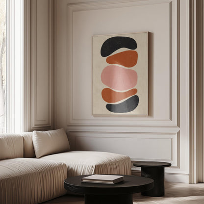 Five stacked pebble shapes in charcoal rust and blush on cream, canvas wall art on a quiet wall in a considered interior