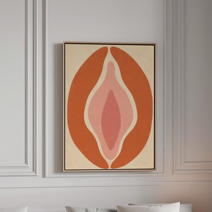 Tall terracotta oval enclosing soft layers of blush and pale rose, canvas print in a bright room with natural daylight
