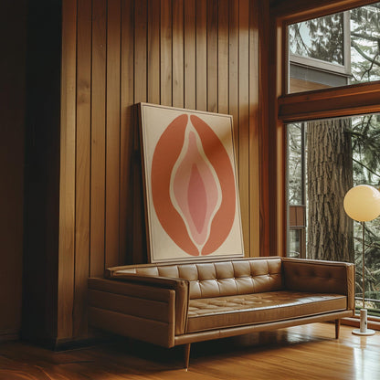 Tall terracotta oval enclosing soft layers of blush and pale rose, canvas wall art hanging in a calm, modern living space