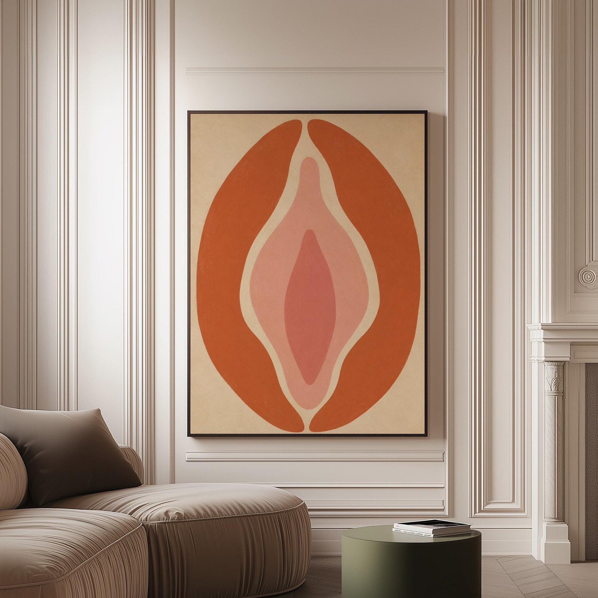 Tall terracotta oval enclosing soft layers of blush and pale rose, canvas print on a softly lit wall in a calm interior