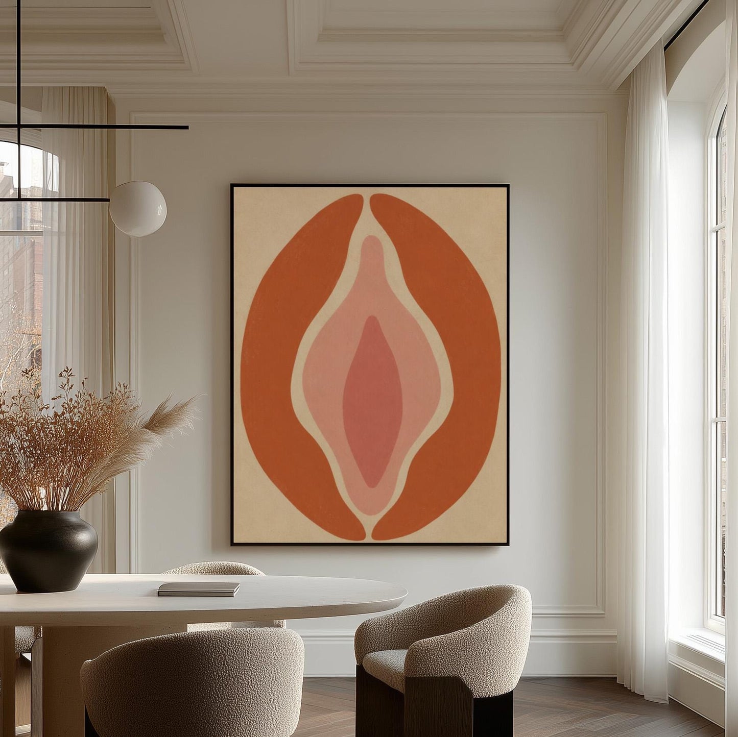 Tall terracotta oval enclosing soft layers of blush and pale rose, canvas wall art seen in a warm interior with natural light