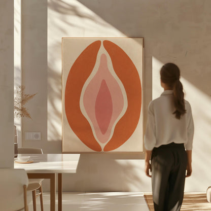 Tall terracotta oval enclosing soft layers of blush and pale rose, canvas wall art presented in a light, minimal room