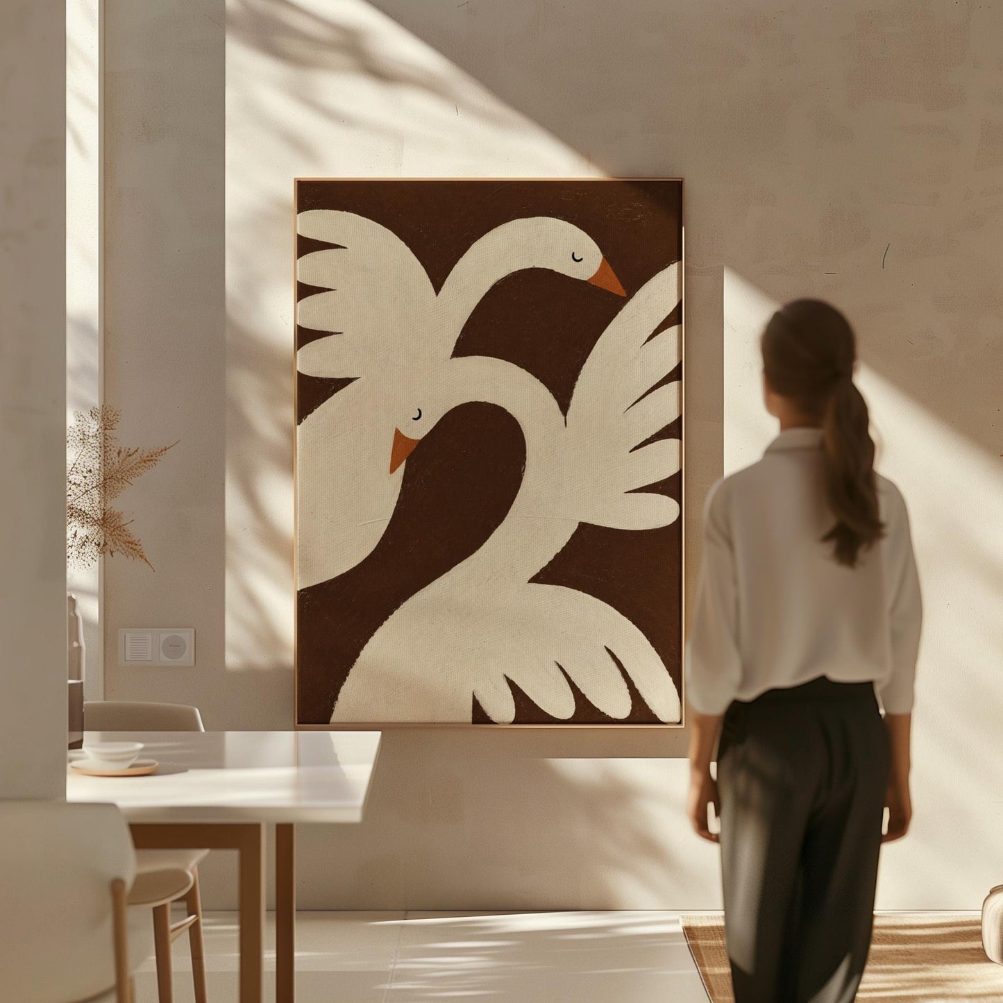 Two cream doves with orange beaks crossing wings on dark brown, canvas print shown to scale in a furnished room