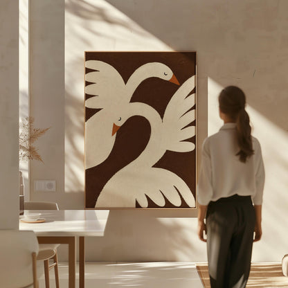 Two cream doves with orange beaks crossing wings on dark brown, canvas print shown to scale in a furnished room