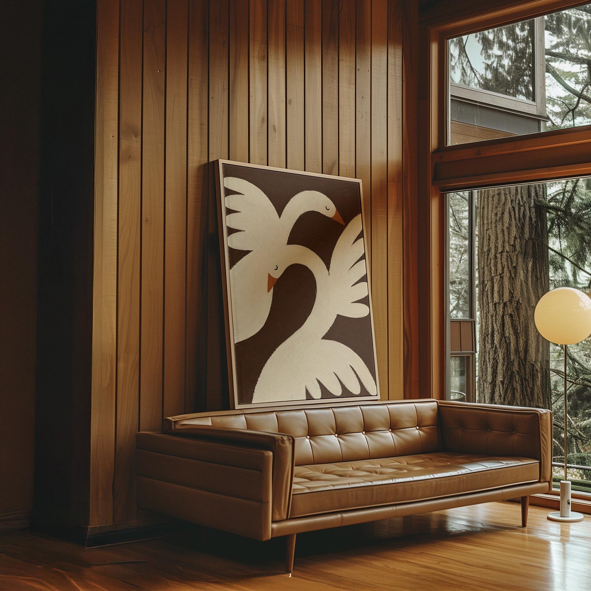 Two cream doves with orange beaks crossing wings on dark brown, canvas wall art seen in a warm interior with natural light