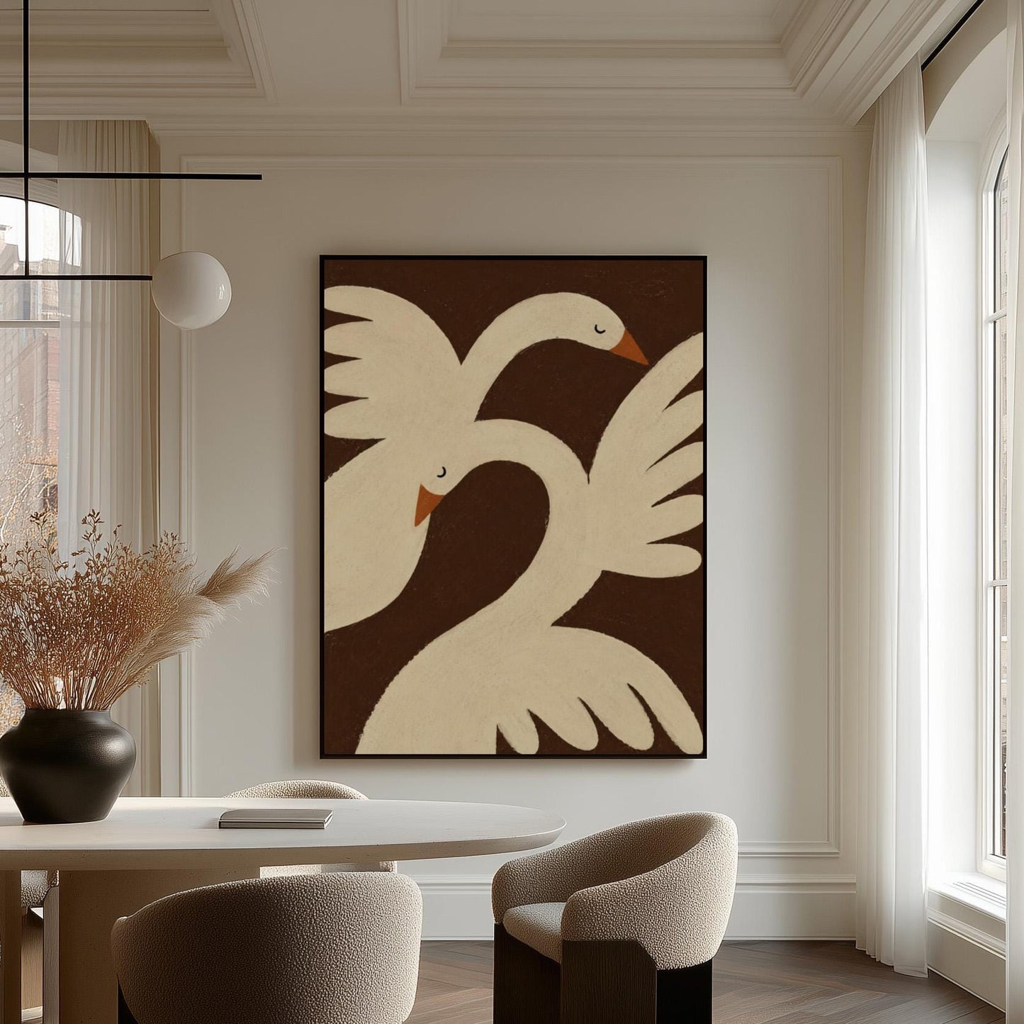Two cream doves with orange beaks crossing wings on dark brown, canvas wall art presented in a light, minimal room
