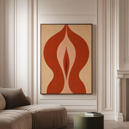 Rust red flame shaped form opening into blush and grey on sand, canvas print on a softly lit wall in a calm interior