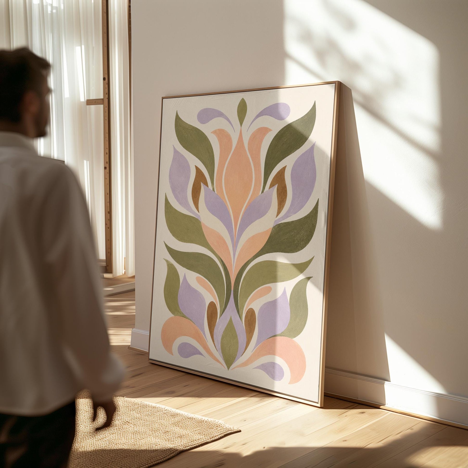 Symmetrical folk tulip motif in olive lilac and peach on cream, canvas print styled against a soft white wall