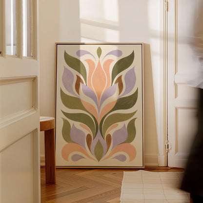 Symmetrical folk tulip motif in olive lilac and peach on cream, canvas wall art on a quiet wall in a considered interior