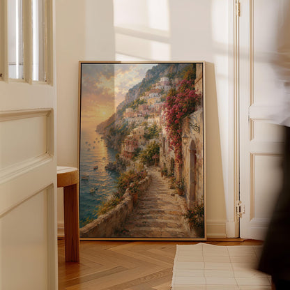 Amalfi coast sunset painting with stone path and bougainvillea, canvas wall art seen in a warm interior with natural light