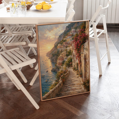 Amalfi coast sunset painting with stone path and bougainvillea, canvas wall art presented in a light, minimal room