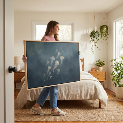 A woman stands in a bedroom holding a large framed artwork depicting jellyfish.
