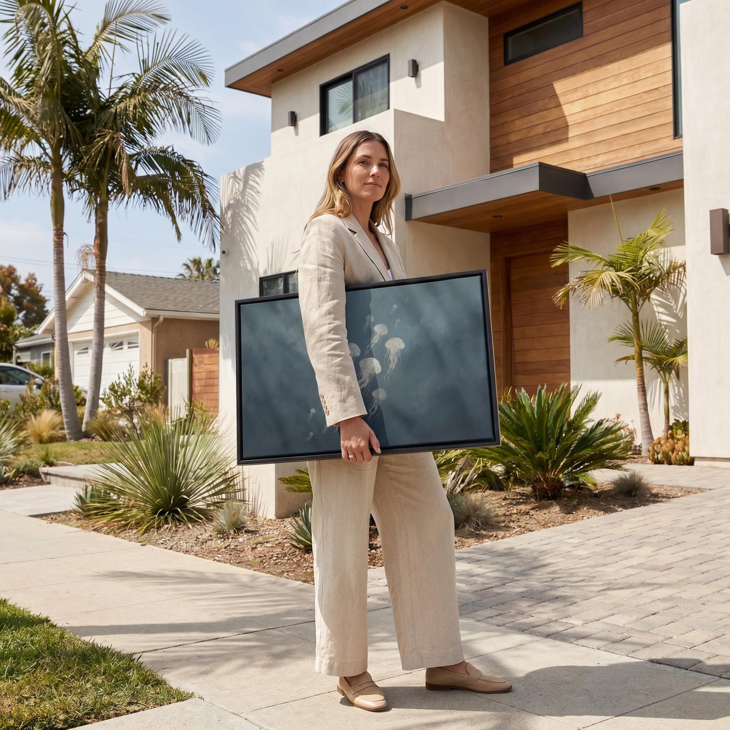 A woman in a beige suit is standing on a sidewalk, holding a large black television frame.