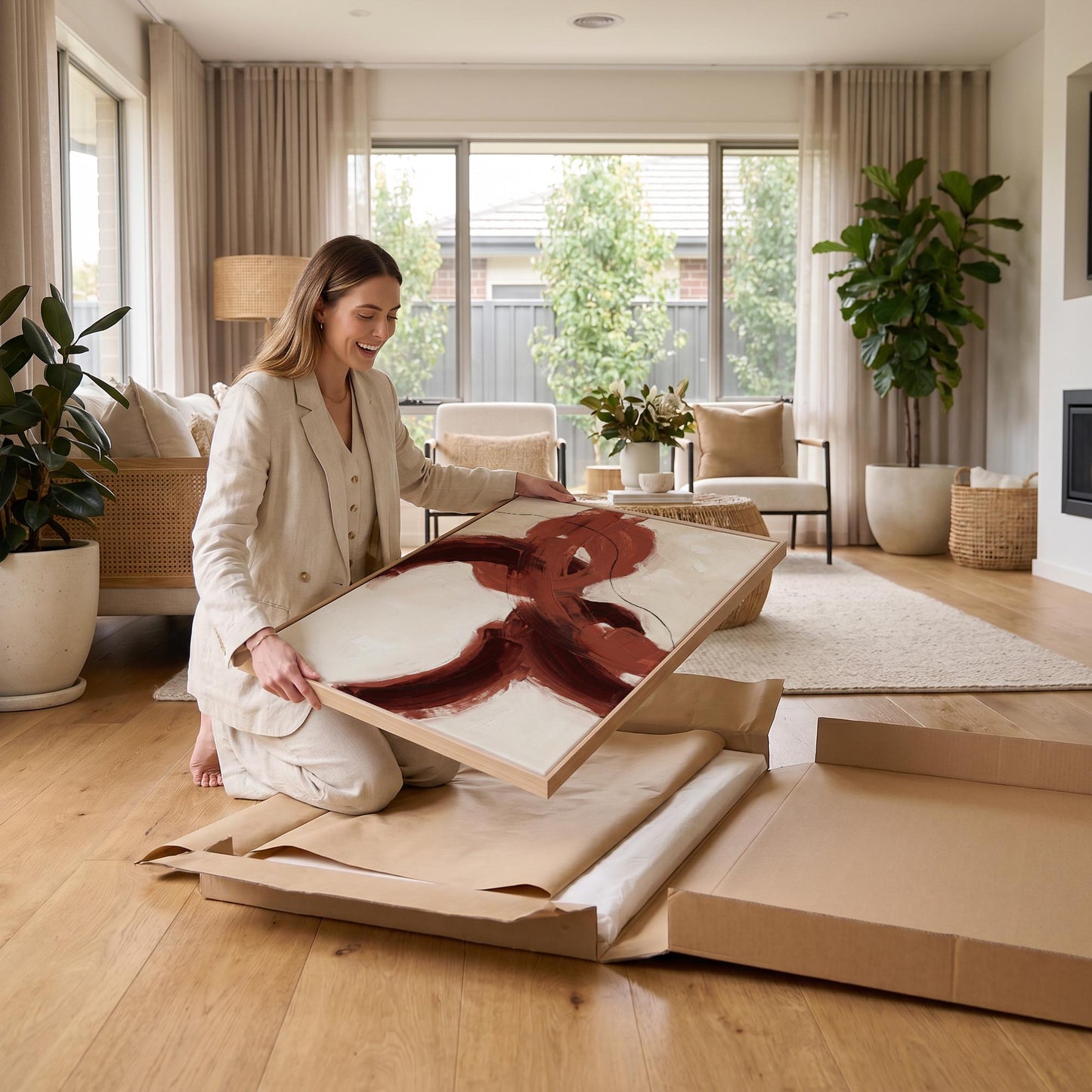 A woman in a beige suit is kneeling on the floor, holding a large framed artwork with a red and white abstract design.
