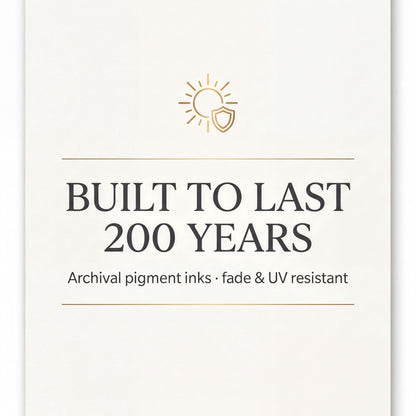 The image is a promotional poster for a product or service that promises to last 200 years. It features a sun icon and text that reads "BUILT TO LAST 200 YEARS Archival pigment inks - fade & UV resistant".