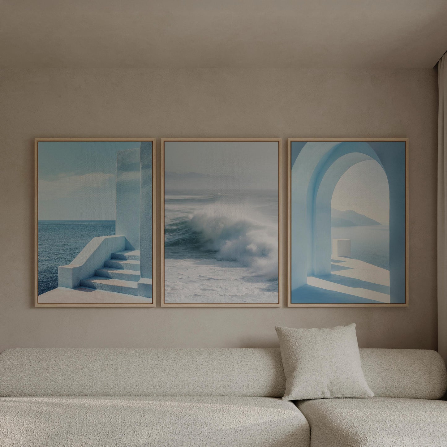 three framed pictures hanging on a wall, depicting different scenes.