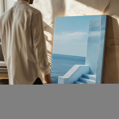 A person is standing in front of a large canvas depicting a blue staircase leading to a serene ocean view.