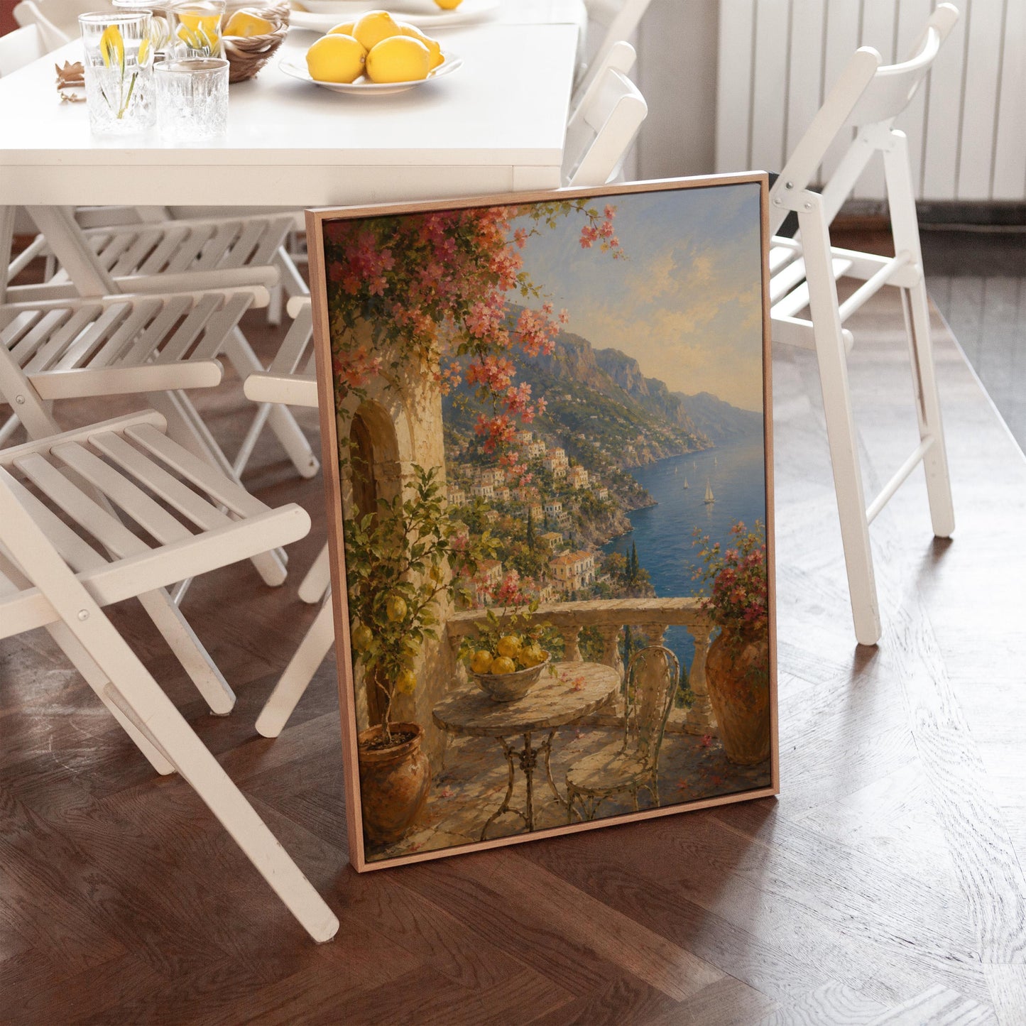 Amalfi coast terrace painting with lemons and bougainvillea, canvas print hanging in a calm, modern living space