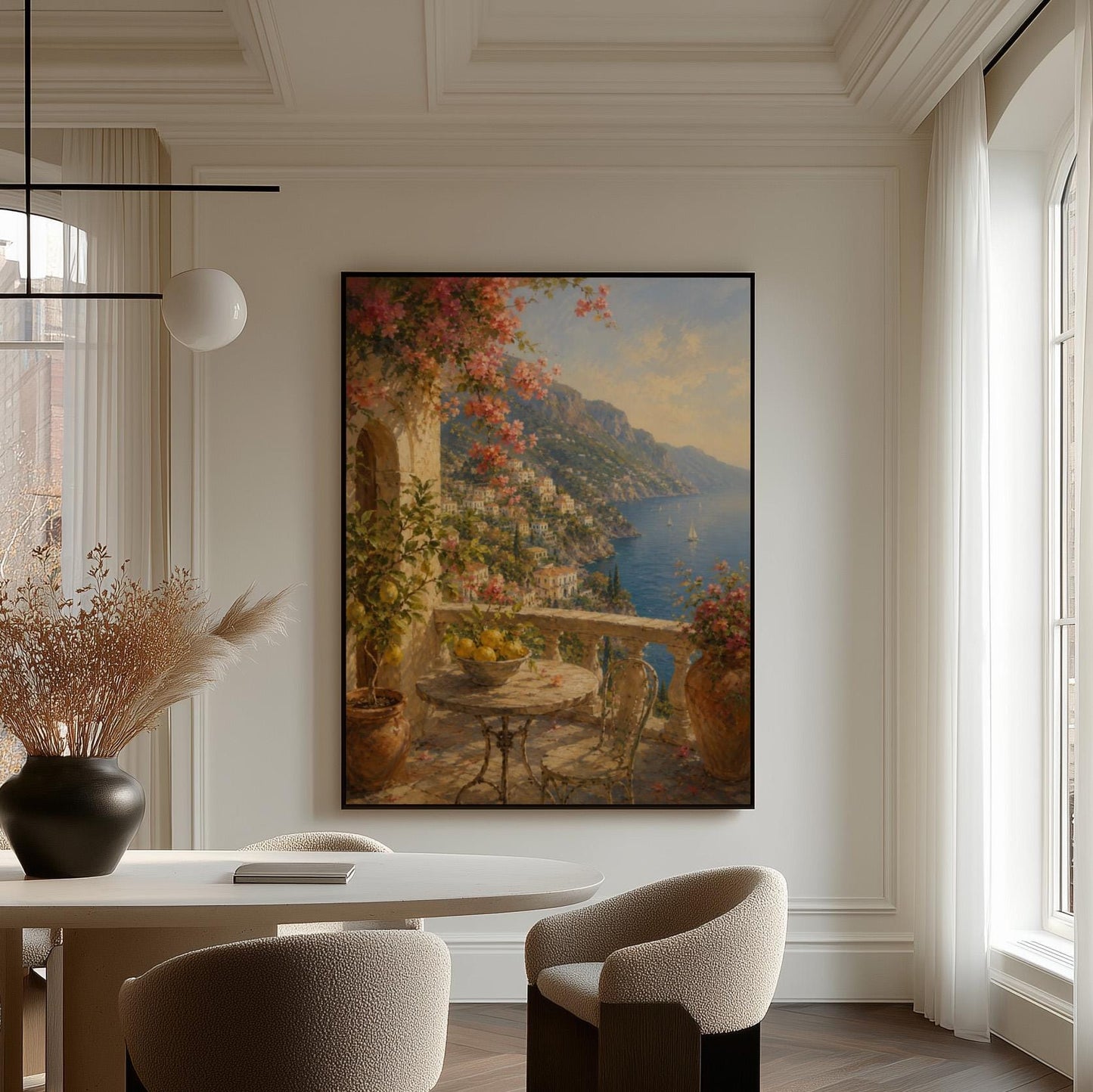 Amalfi coast terrace painting with lemons and bougainvillea, canvas print presented in a light, minimal room