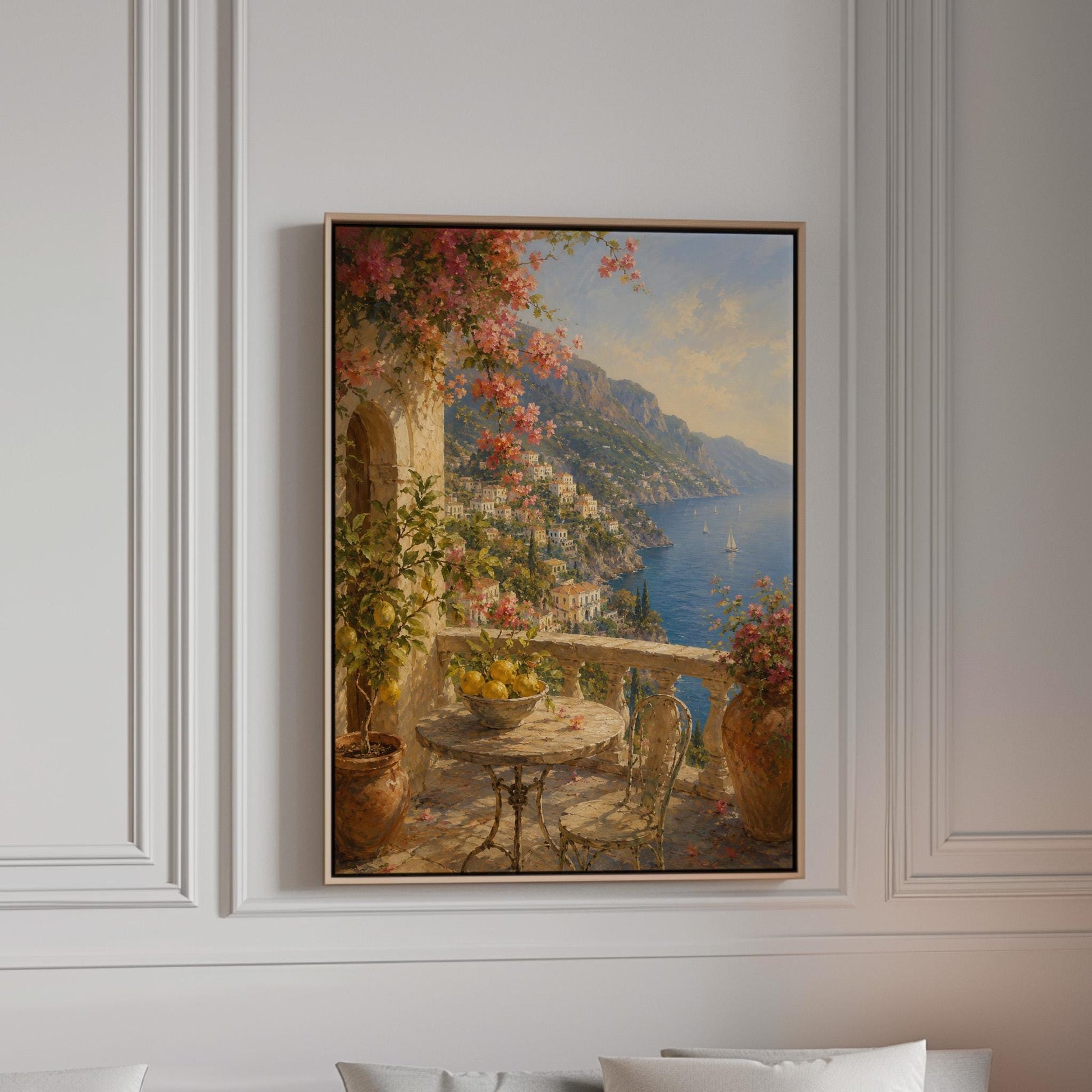Amalfi coast terrace painting with lemons and bougainvillea, canvas print in a bright room with natural daylight