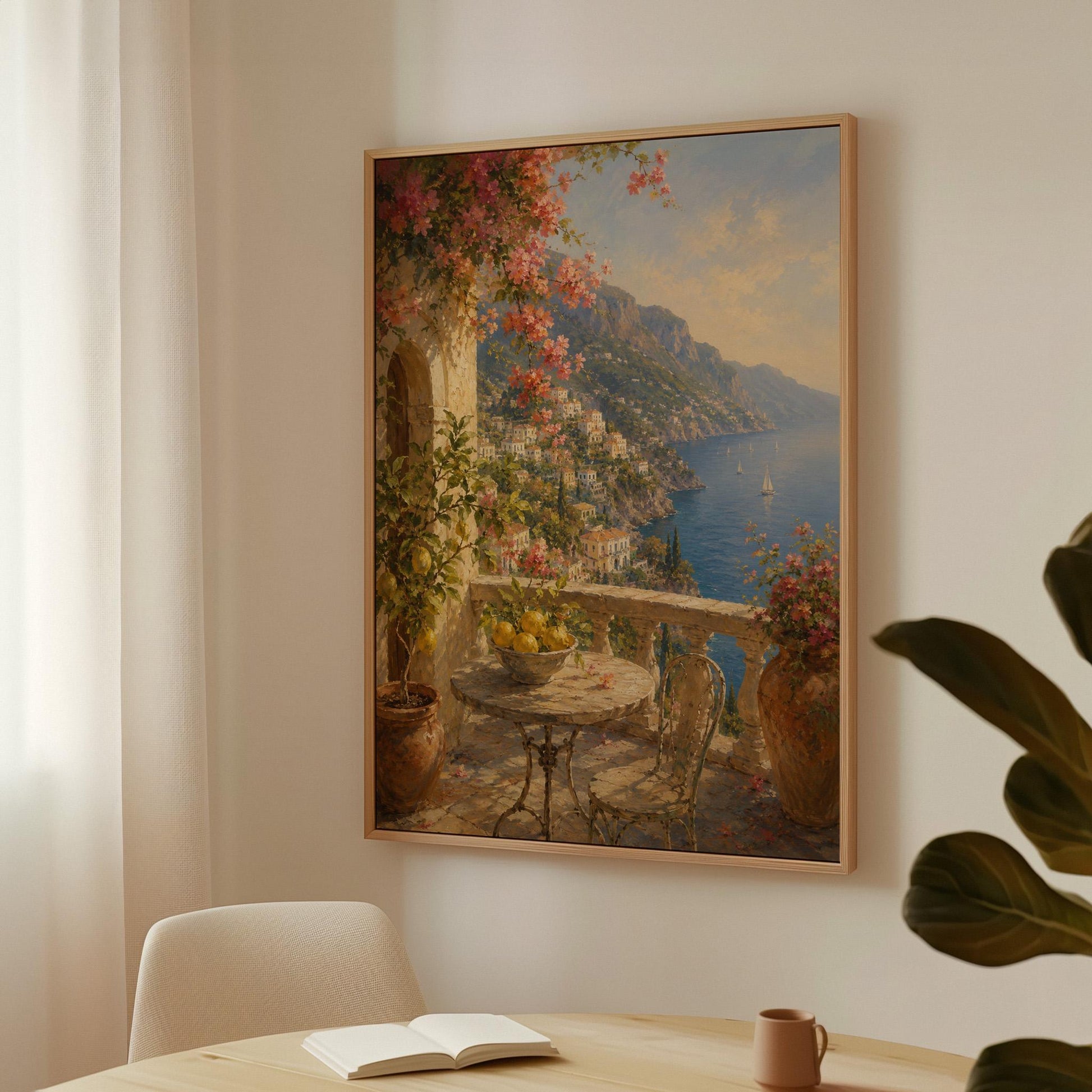 Amalfi coast terrace painting with lemons and bougainvillea, canvas print shown in a sunlit, contemporary room