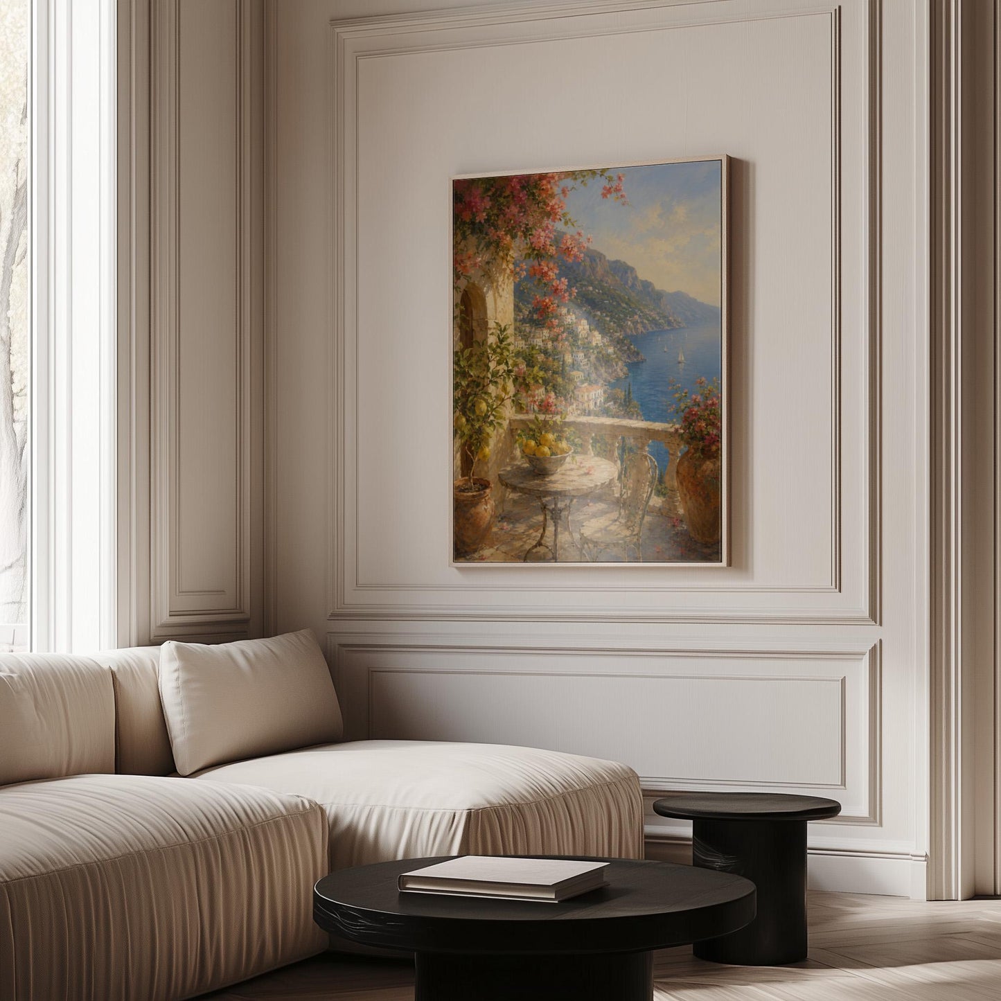 Amalfi coast terrace painting with lemons and bougainvillea, canvas wall art hanging in a calm, modern living space