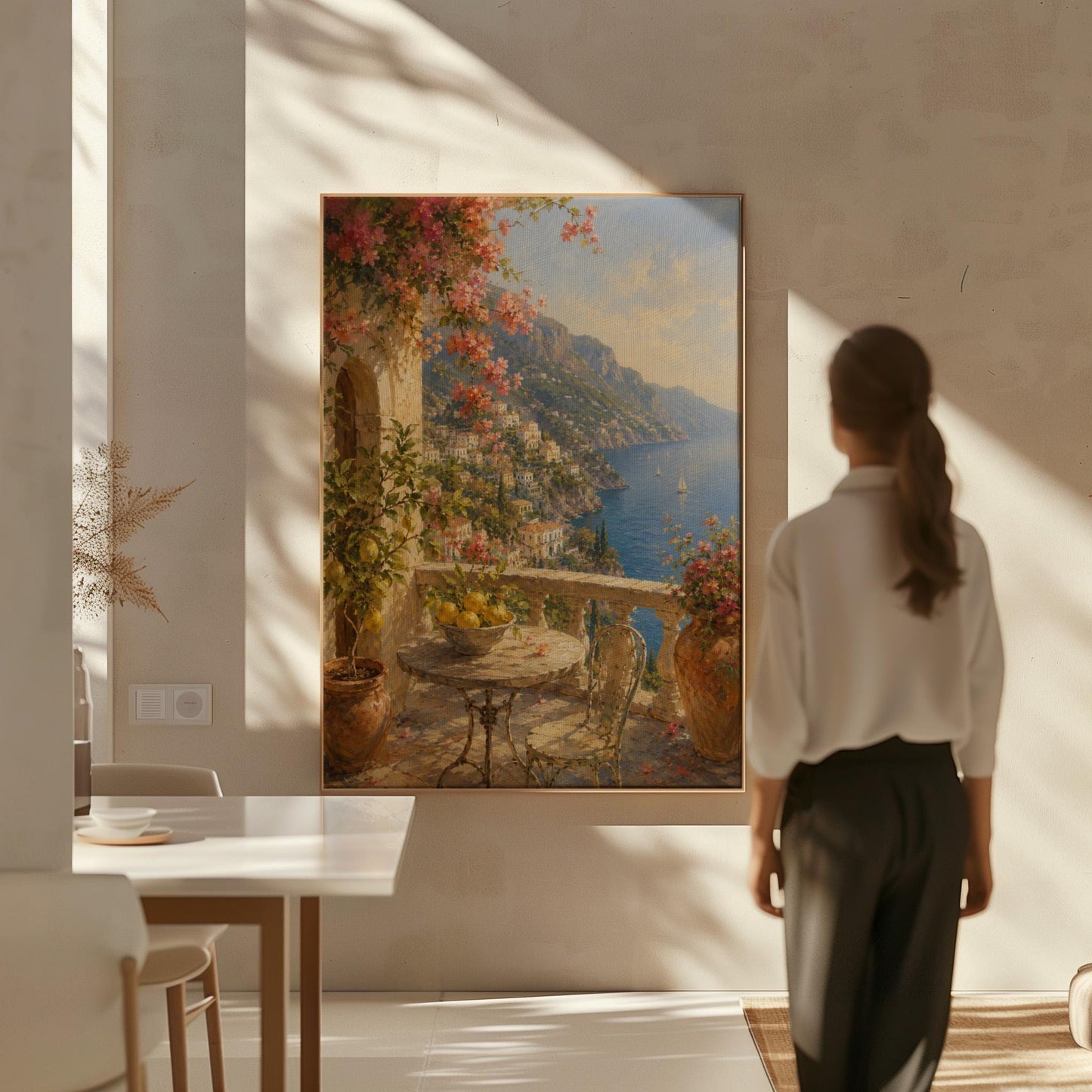 Amalfi coast terrace painting with lemons and bougainvillea, canvas wall art seen in a warm interior with natural light