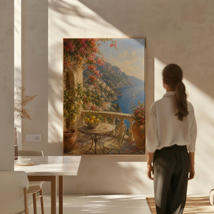 Amalfi coast terrace painting with lemons and bougainvillea, canvas wall art seen in a warm interior with natural light