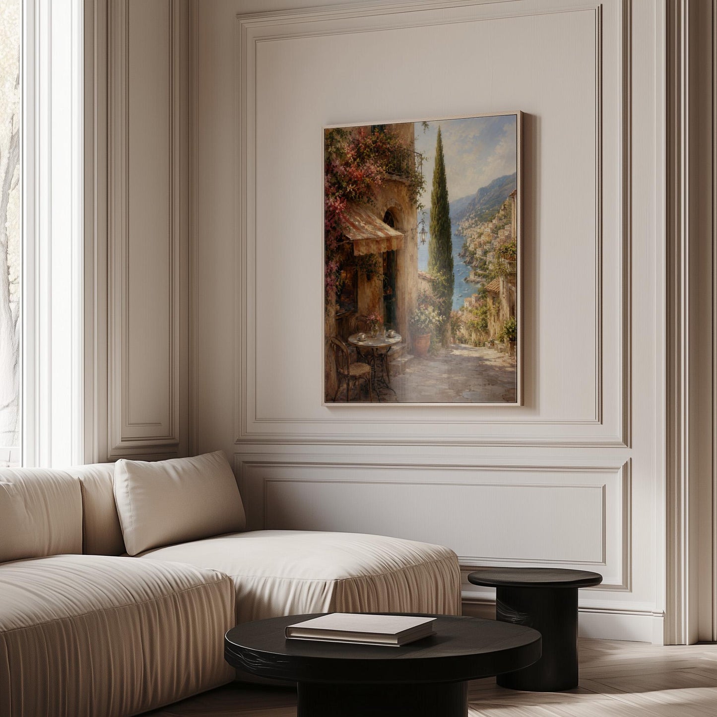 Italian village cafe painting with striped awning and coastal view, canvas print hanging in a calm, modern living space