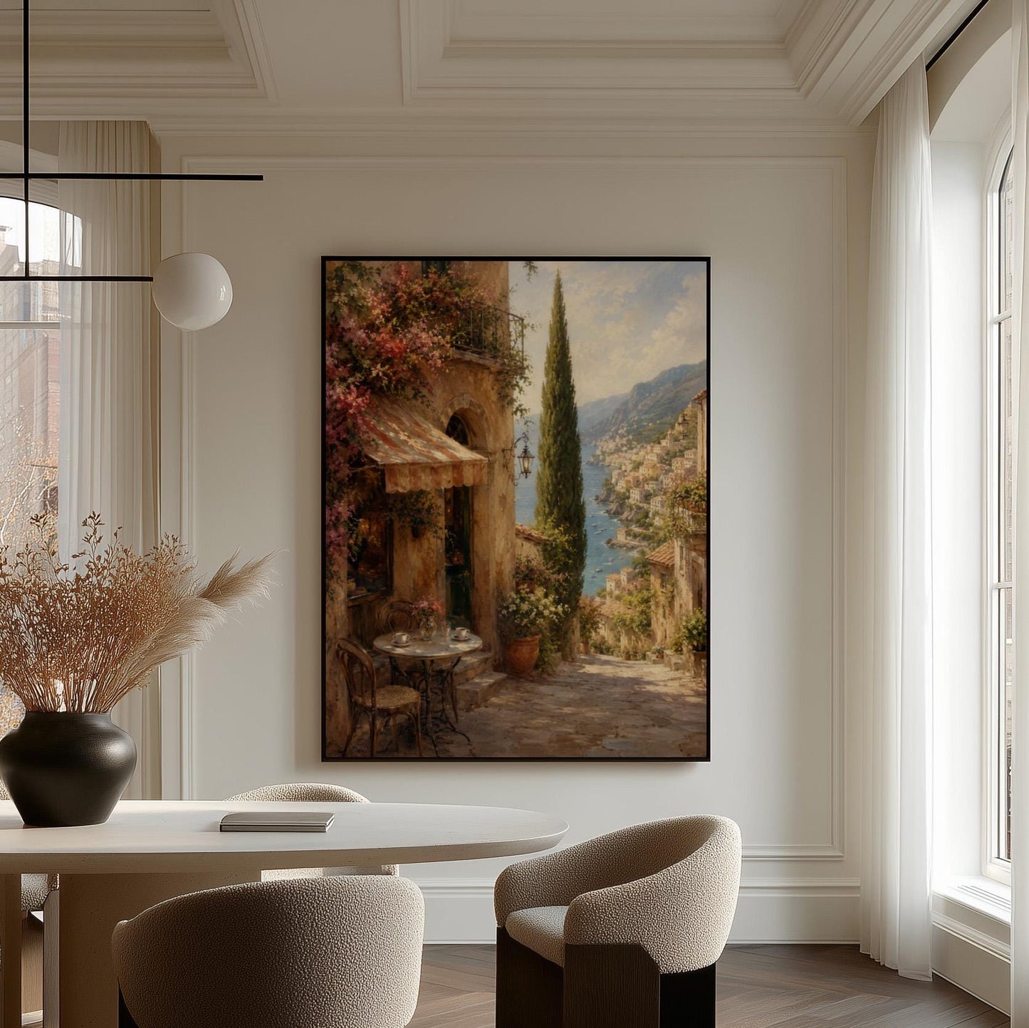Italian village cafe painting with striped awning and coastal view, canvas print shown to scale in a furnished room
