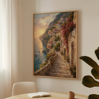 Amalfi coast sunset painting with stone path and bougainvillea, canvas print hanging in a calm, modern living space