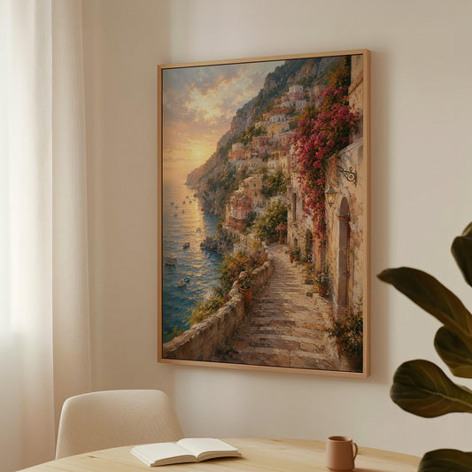 Amalfi coast sunset painting with stone path and bougainvillea, canvas print hanging in a calm, modern living space
