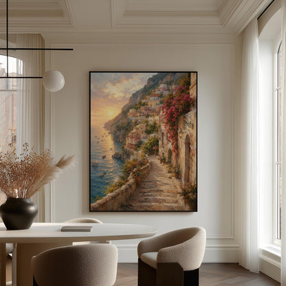 Amalfi coast sunset painting with stone path and bougainvillea, canvas print seen in a warm interior with natural light