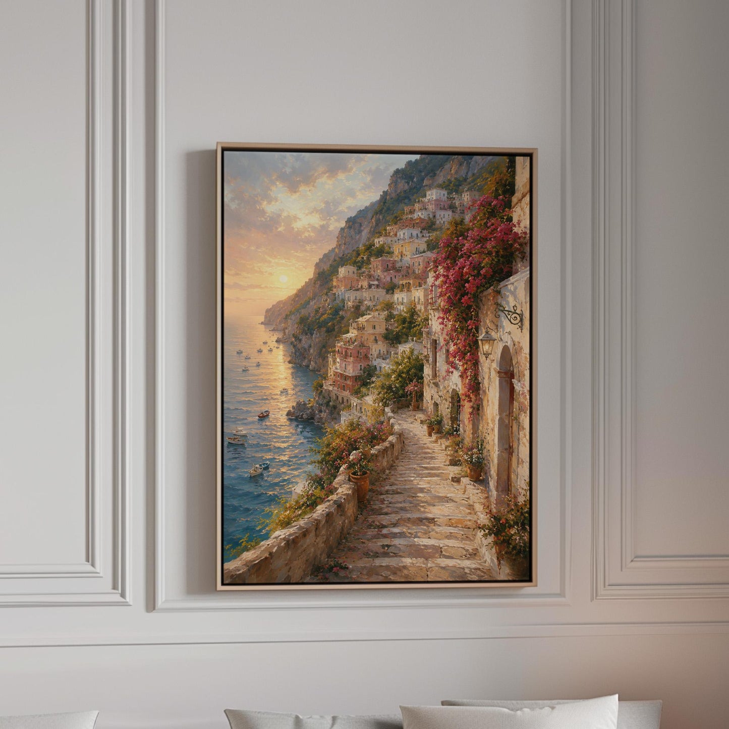Amalfi coast sunset painting with stone path and bougainvillea, canvas print in a bright room with natural daylight