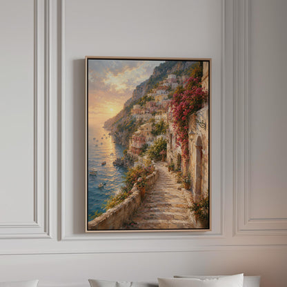 Amalfi coast sunset painting with stone path and bougainvillea, canvas print in a bright room with natural daylight
