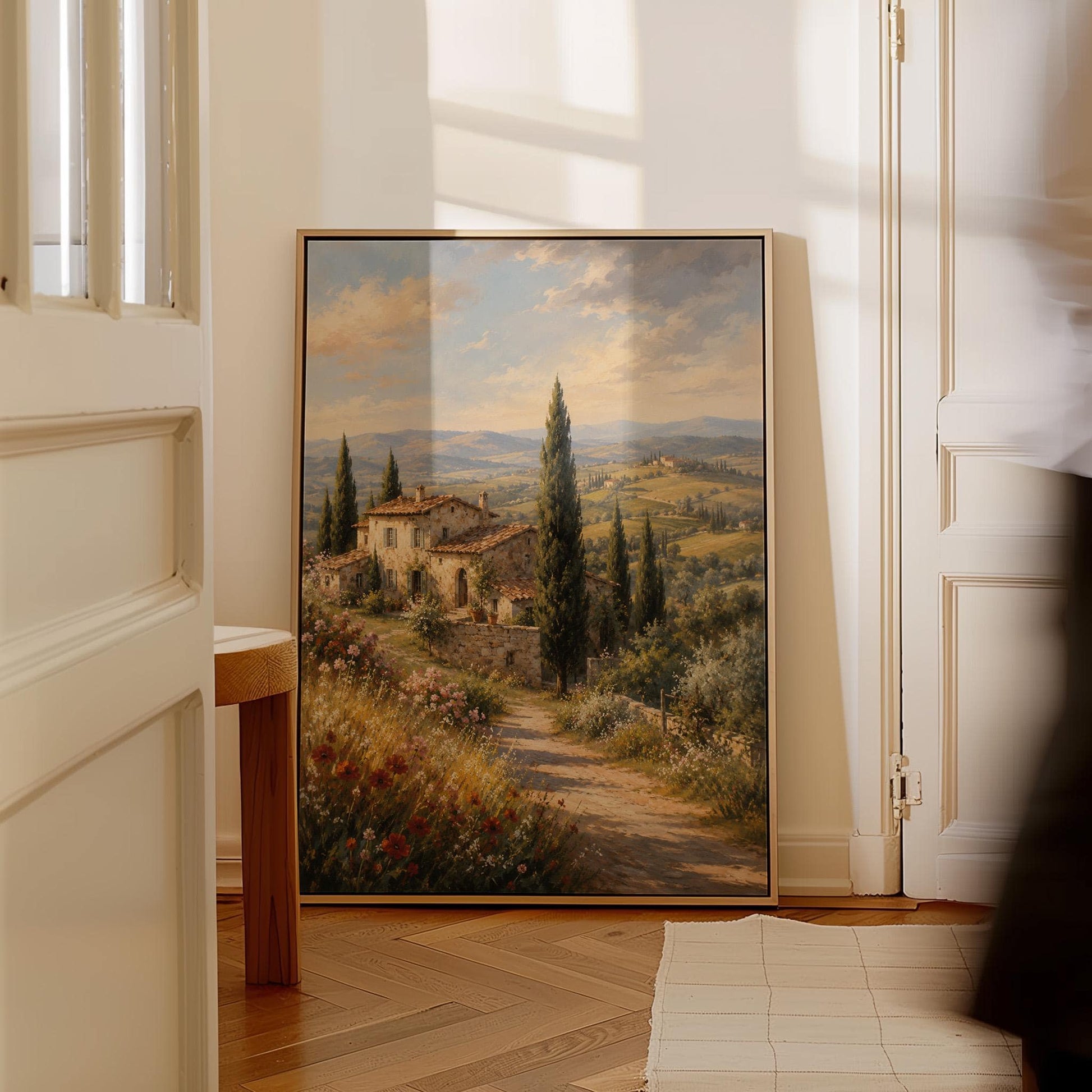 Tuscan farmhouse landscape with cypresses and poppies, canvas print presented in a light, minimal room