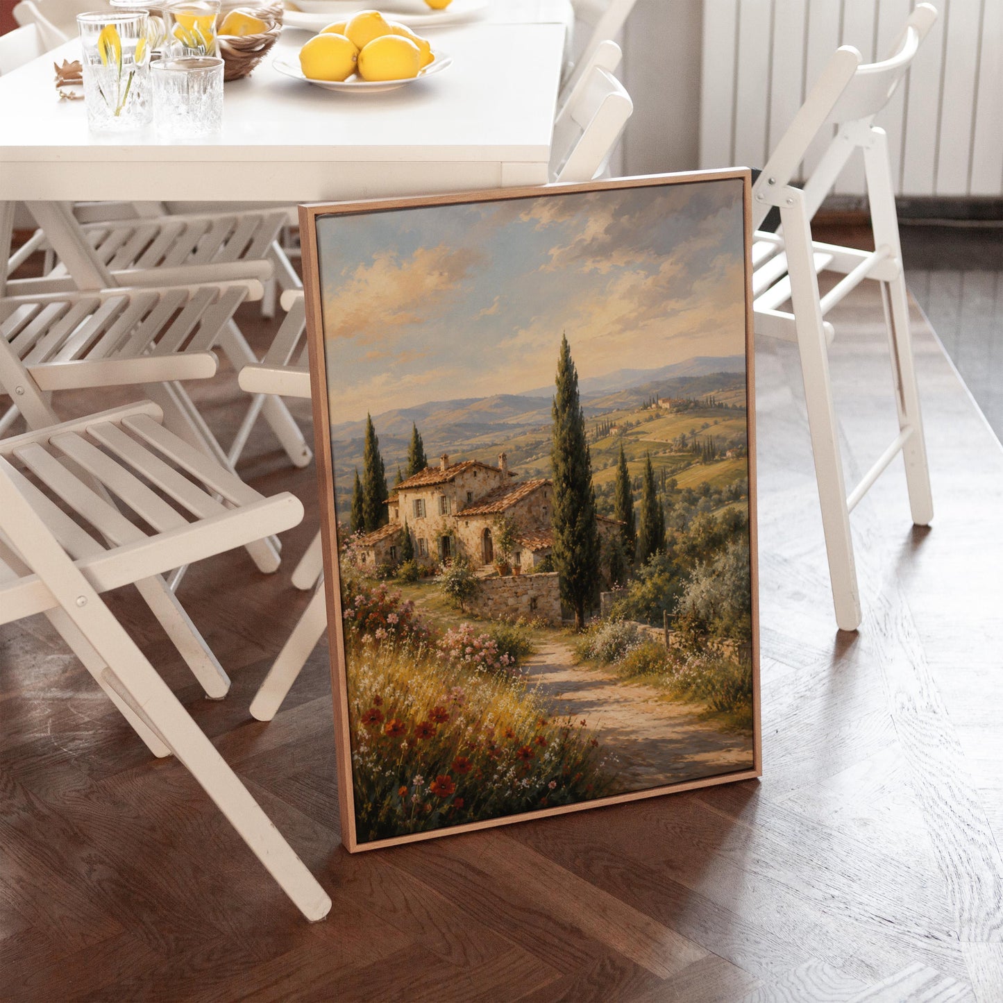Tuscan farmhouse landscape with cypresses and poppies, canvas print shown to scale in a furnished room