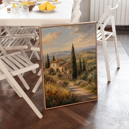 Tuscan farmhouse landscape with cypresses and poppies, canvas print shown to scale in a furnished room