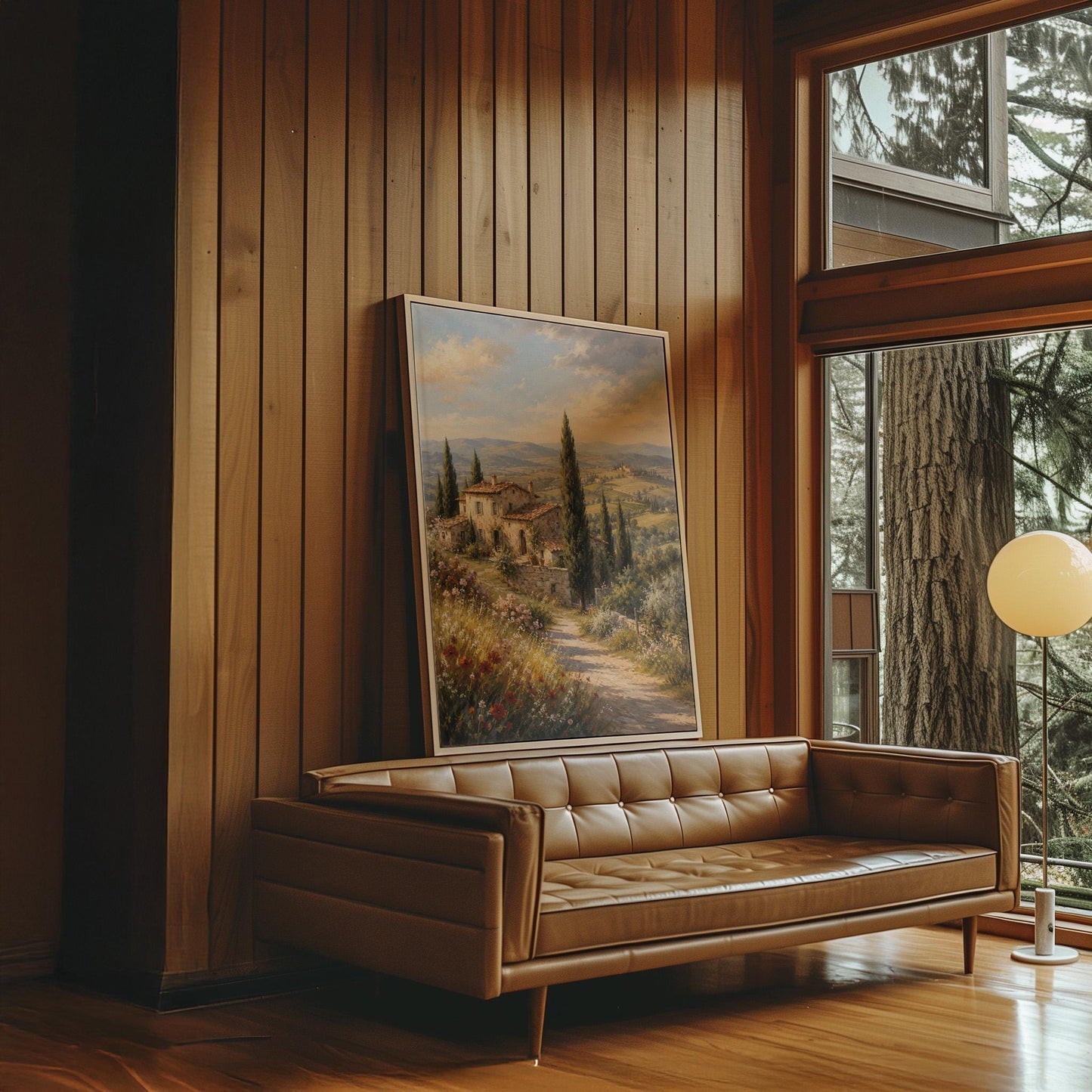 Tuscan farmhouse landscape with cypresses and poppies, canvas print displayed on a neutral wall in a styled interior