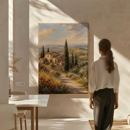 Tuscan farmhouse landscape with cypresses and poppies, canvas wall art hanging in a calm, modern living space
