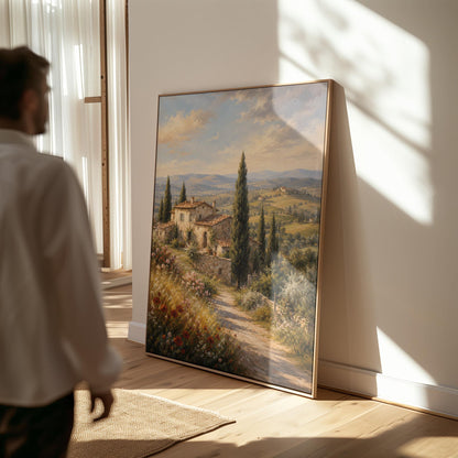 Tuscan farmhouse landscape with cypresses and poppies, canvas wall art seen in a warm interior with natural light