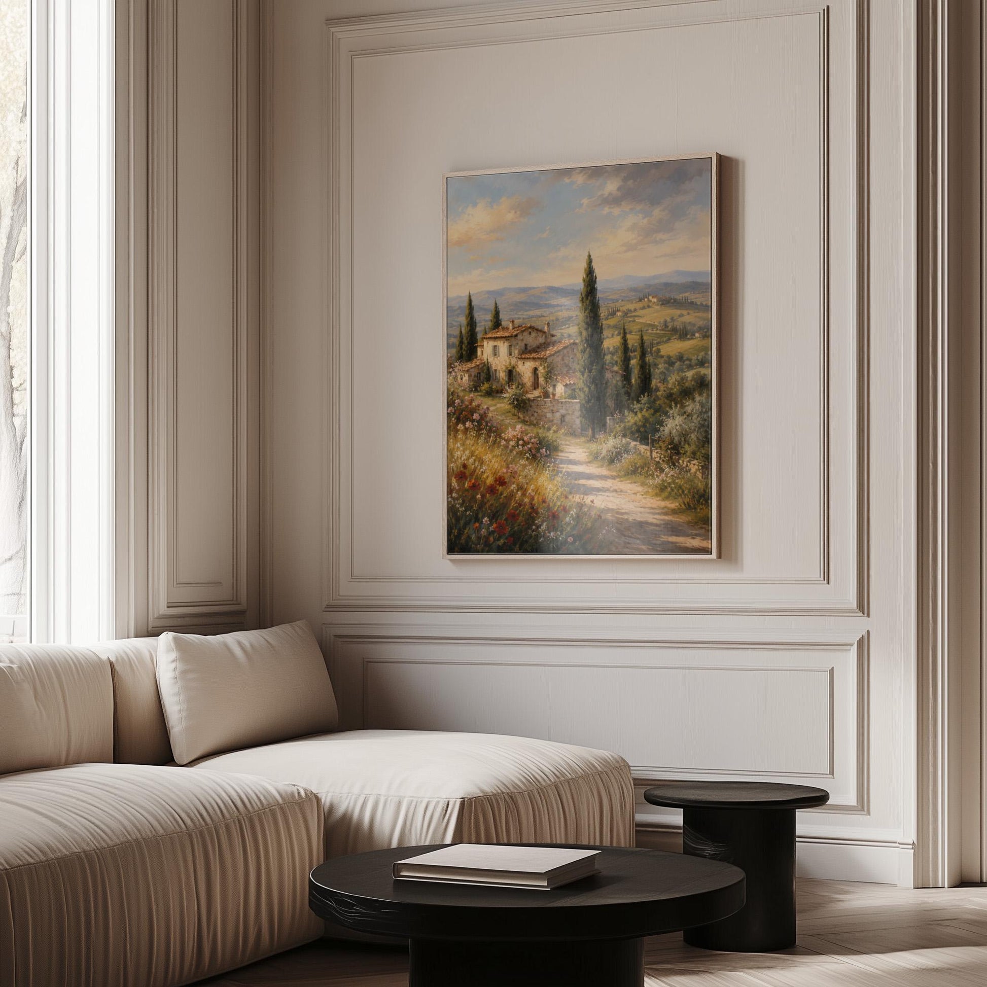 Tuscan farmhouse landscape with cypresses and poppies, canvas wall art presented in a light, minimal room